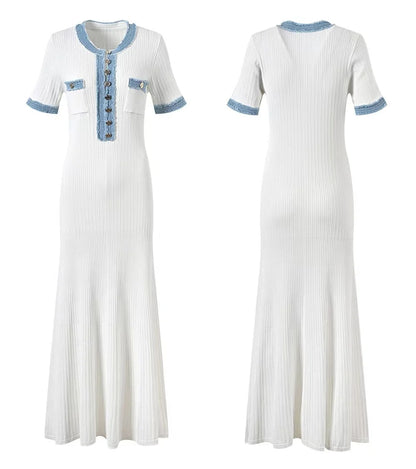 Elegante vestido largo de punto para mujer, con contraste, cuello redondo, manga corta, botones metálicos, corte ajustado, ideal para oficina y viajes.