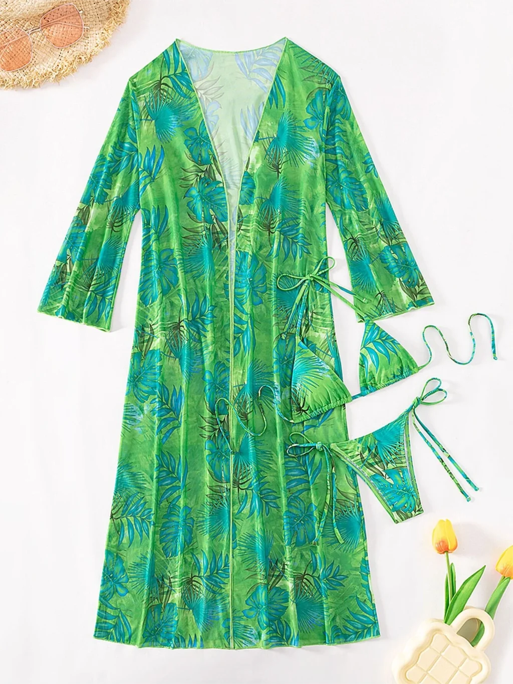 Bikini de tres piezas con tiras triangulares 2025 para mujer, traje de baño tipo kimono, ropa de baño sexy para mujer, traje de baño para playa