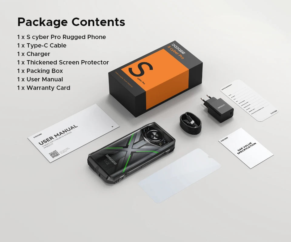 Teléfono resistente DOOGEE S Cyber ​​Pro, 12 GB de RAM, 512 GB de almacenamiento, procesador Helio G100, pantalla IPS FHD+ de 6,6" y 120 Hz, batería de gran capacidad de 10800 mAh, carga de 33 W y NFC.