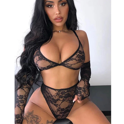 Body erótico sexy de malla de encaje, sexy, sin mangas, con espalda descubierta, estilo babydoll con tirantes y escote en V profundo, mono de moda para mujer