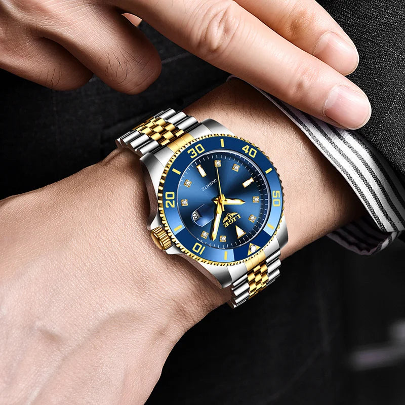 Reloj de lujo LIGE para hombre, reloj de cuarzo con esfera engastada de diamantes, resistente al agua, calendario, mariposa, doble cierre, acero inoxidable.