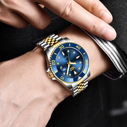 Reloj de lujo LIGE para hombre, reloj de cuarzo con esfera engastada de diamantes, resistente al agua, calendario, mariposa, doble cierre, acero inoxidable.