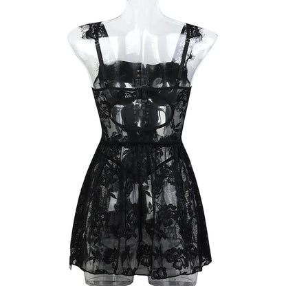 Conjunto exótico de PU sexy para mujer, vestido de encaje transparente, lencería elegante con abertura, body exótico para fiesta y club.