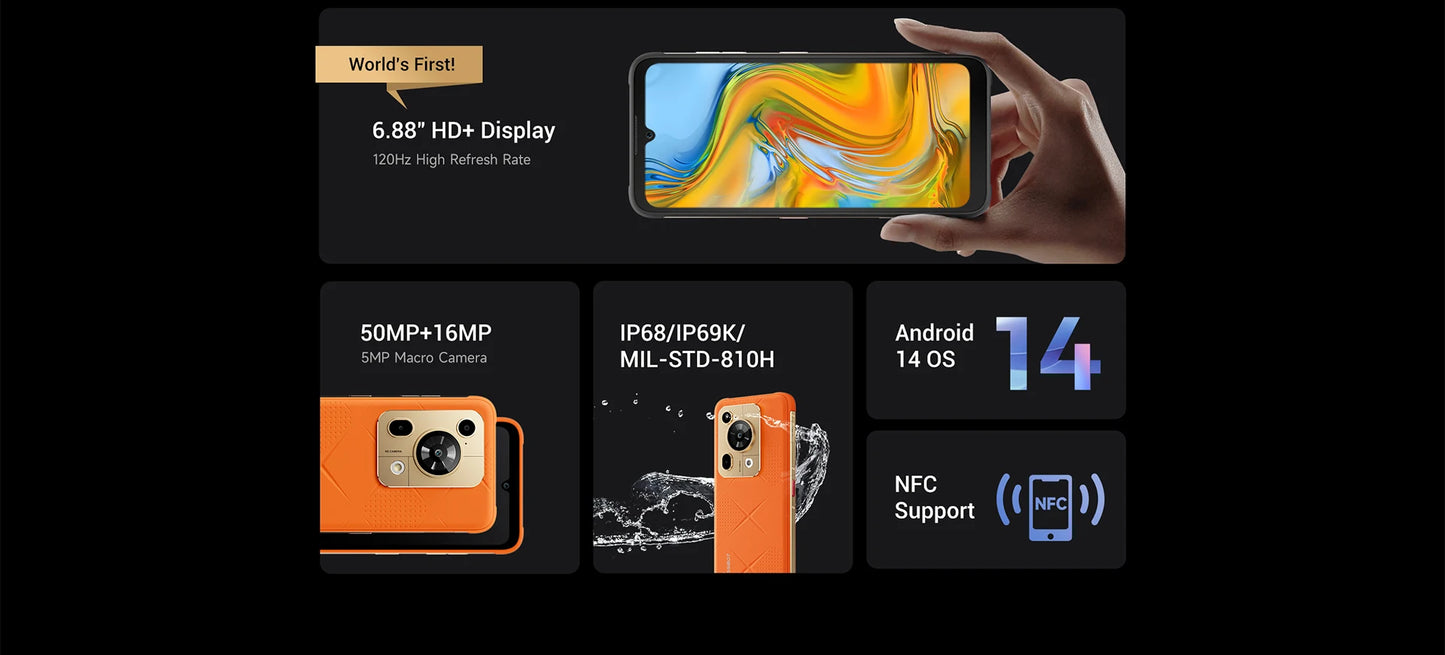 [Estreno mundial] Fossibot F112 PRO 5G Smartphone resistente, pantalla HD+ de 6,88", batería de 7150 mAh, 24 GB (8+16) + 256 GB, Android 14, cámara de 50 MP