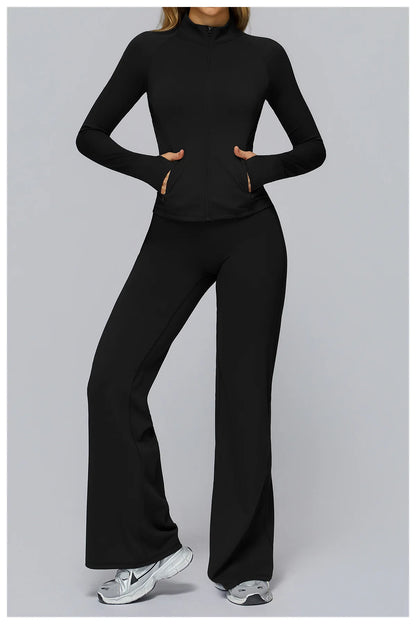 Conjunto deportivo Hearuisavy para mujer, chaqueta deportiva de manga larga con cremallera y bolsillos, ropa exterior ajustada de secado rápido para correr, pantalones de yoga de cintura alta