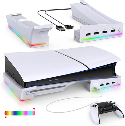 Soporte horizontal IPEGA con luz LED RGB para consola PS5 Slim, accesorio con 14 modos de luz y 4 puertos USB.