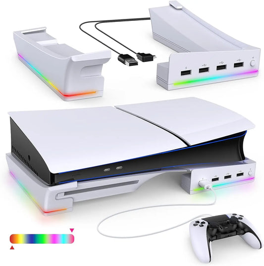 Soporte horizontal IPEGA con luz LED RGB para consola PS5 Slim, accesorio con 14 modos de luz y 4 puertos USB.