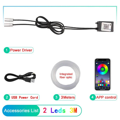 Tira de luces LED para ambiente interior de coche, RGB, fibra óptica, iluminación de neón con control remoto por aplicación, lámparas decorativas para coche