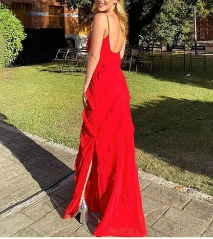 Vestido largo de gasa con volantes para mujer, estilo maxi, con espalda descubierta y abertura, ideal para fiestas de graduación, bodas y eventos de verano. Vestido largo y elegante.
