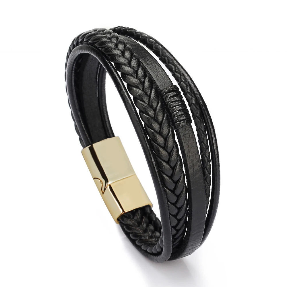Pulseras de cuero de moda para hombre, pulseras de cuerda trenzada multicapa, pulseras masculinas, joyería, pulsera para hombre