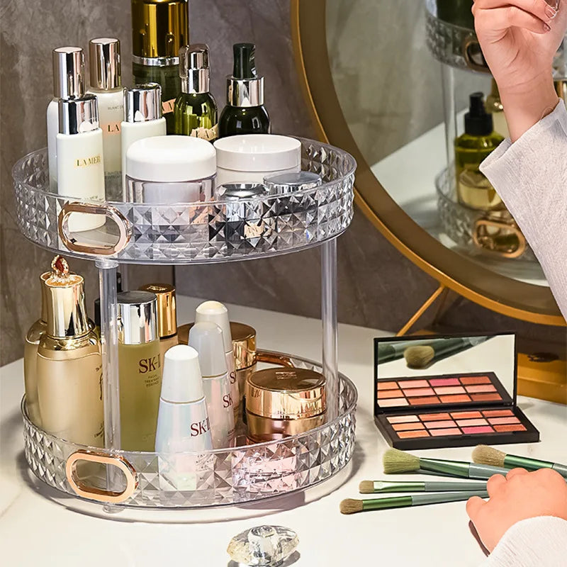 Organizador giratorio de 360 grados para especias, bebidas y cosméticos, transparente, de PET, para cocina y baño.