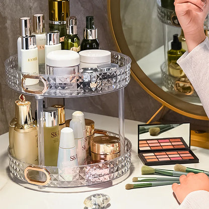 Organizador giratorio de 360 grados para especias, bebidas y cosméticos, transparente, de PET, para cocina y baño.