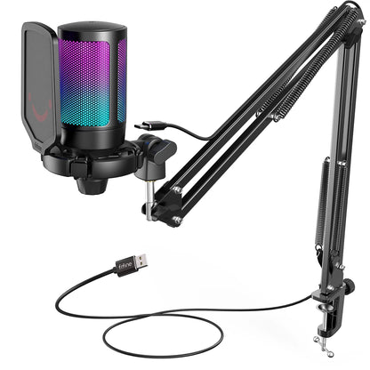 Kit de micrófono USB para juegos FIFINE para PC, PS4/5, micrófono cardioide de condensador con botón de silencio/RGB/soporte de brazo, para transmisión de video - A6T
