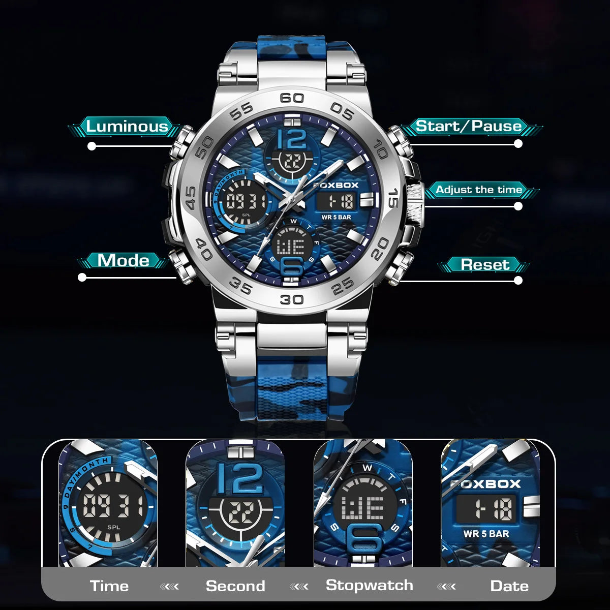 FOXBOX Reloj digital a prueba de golpes para hombre, estilo militar, camuflaje, resistente al agua hasta 5 ATM, relojes electrónicos a prueba de golpes, estilo táctico.