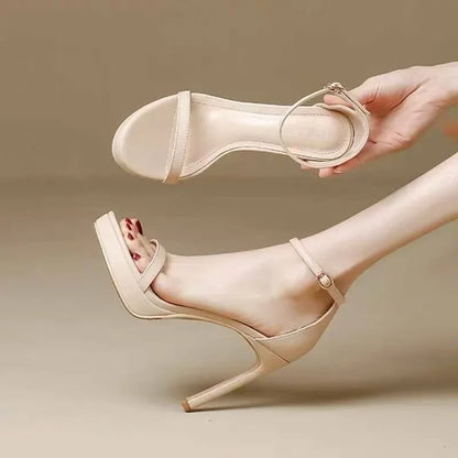Sandalias elegantes y sexys de tacón alto para mujer, zapatos de verano con punta abierta, suela de goma y punta redonda, estilo coreano, 2025