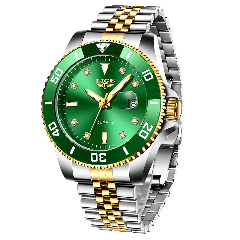 Reloj de lujo LIGE para hombre, reloj de cuarzo con esfera engastada de diamantes, resistente al agua, calendario, mariposa, doble cierre, acero inoxidable.