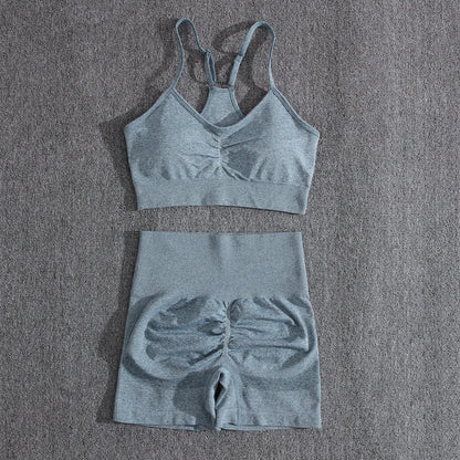 Conjuntos de dos piezas para mujer, pantalones cortos color melocotón, chándal femenino, conjunto de gimnasio, pantalones cortos de fitness con cuello halter, sujetador push up de verano