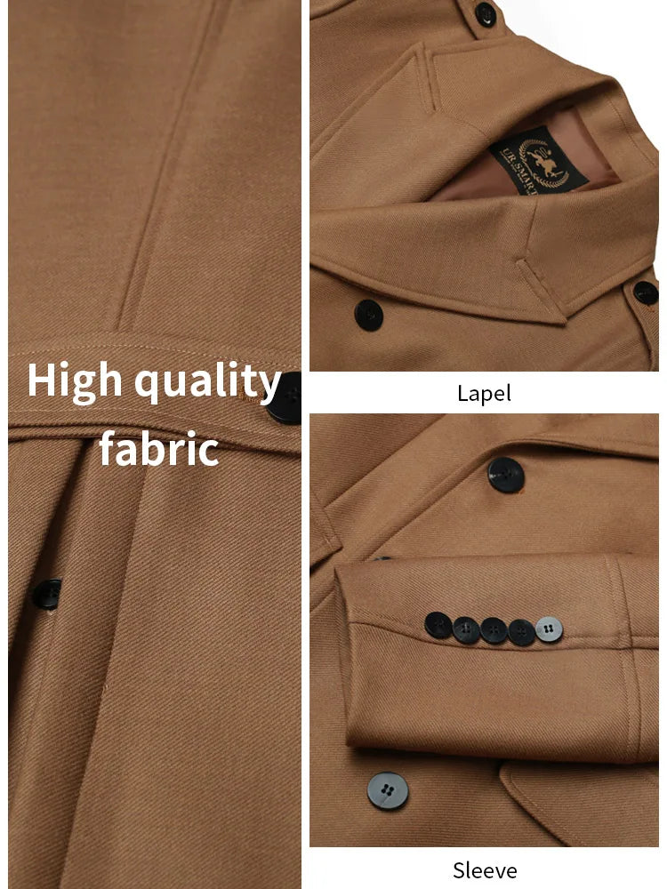 Worsted pure wool coat for men super long, knee length double breasted thickened and warm classic business wool coat for men