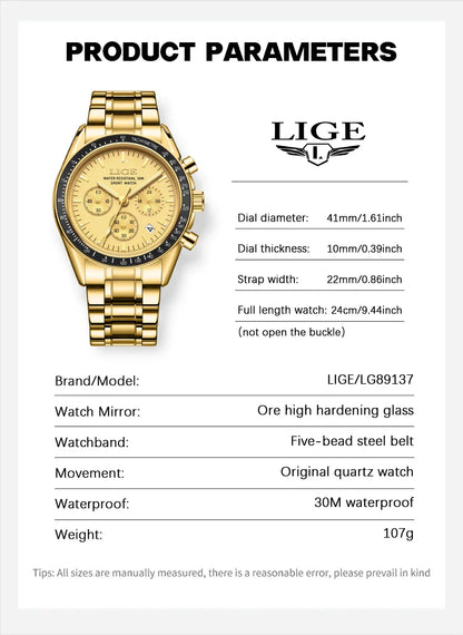 LIGE 2025 - Reloj de lujo para hombre, nuevo, de cuarzo, luminoso, resistente al agua, con cronógrafo y fecha, deportivo
