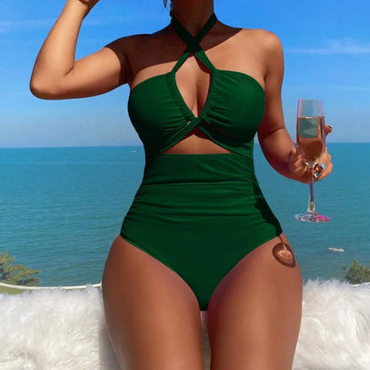 Traje de baño de una pieza de cintura alta sexy para mujer, color puro, novedad de 2025, elegante y a la moda, ropa de playa.
