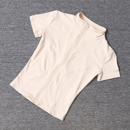 Camisetas de entrenamiento adelgazantes de cintura de verano de alta calidad para mujer, de secado rápido, con cuello alto ajustado y cremallera completa, camisetas de yoga de manga corta.