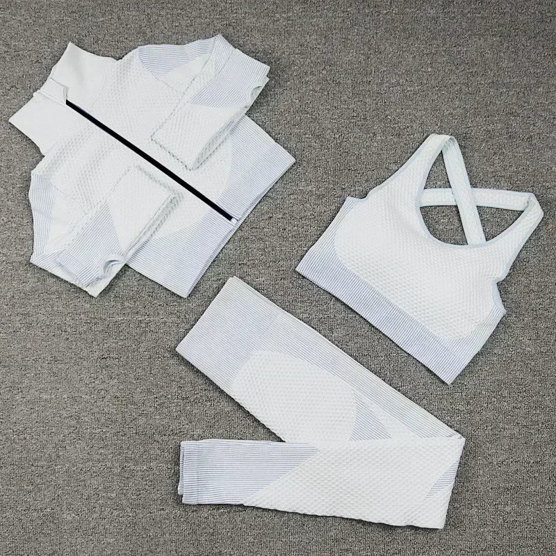 Conjunto de 3 piezas de yoga sin costuras, chaleco deportivo de fitness, pantalones de cintura alta que levantan la cadera, ropa de entrenamiento, conjunto de leggings de gimnasio para mujer