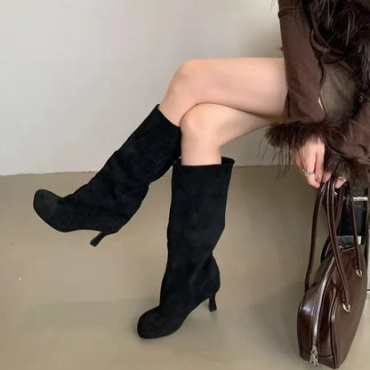 Botas de lujo para mujer, botas de invierno con punta redonda y tacón alto hasta la rodilla, estilo punk, botines largos para mujer