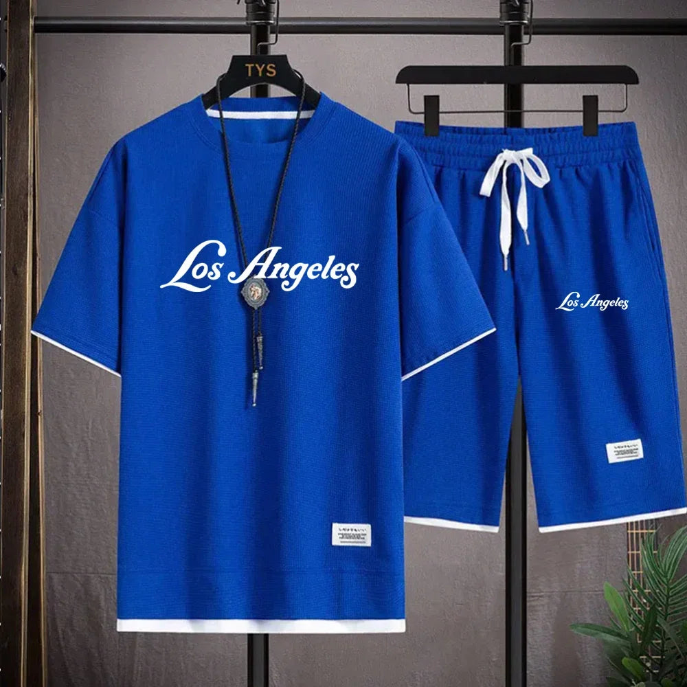 Conjunto de camiseta y pantalones cortos deportivos, conjunto deportivo de verano para hombre, conjunto informal sencillo de manga corta con forma de gofre
