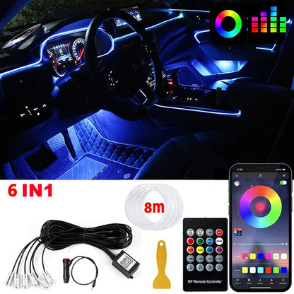 Tira de luces LED para ambiente interior de coche, RGB, fibra óptica, iluminación de neón con control remoto por aplicación, lámparas decorativas para coche