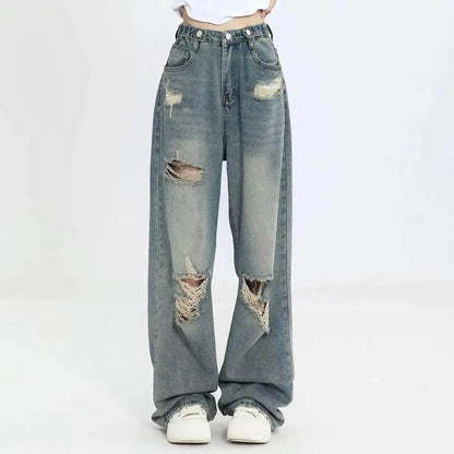 Pantalones vaqueros retro americanos con agujeros para mujer, cintura alta, tiro recto, diseño holgado y ajustado, estilo urbano, pierna ancha y largos.