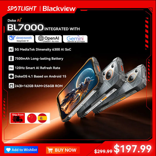 Blackview BL7000 5G, teléfono resistente con IA, Deepseek GPT, Android 15, pantalla HD+ 2.4K de 6,78" a 120 Hz, 8 GB de RAM, 256 GB de almacenamiento, 7500 mAh.