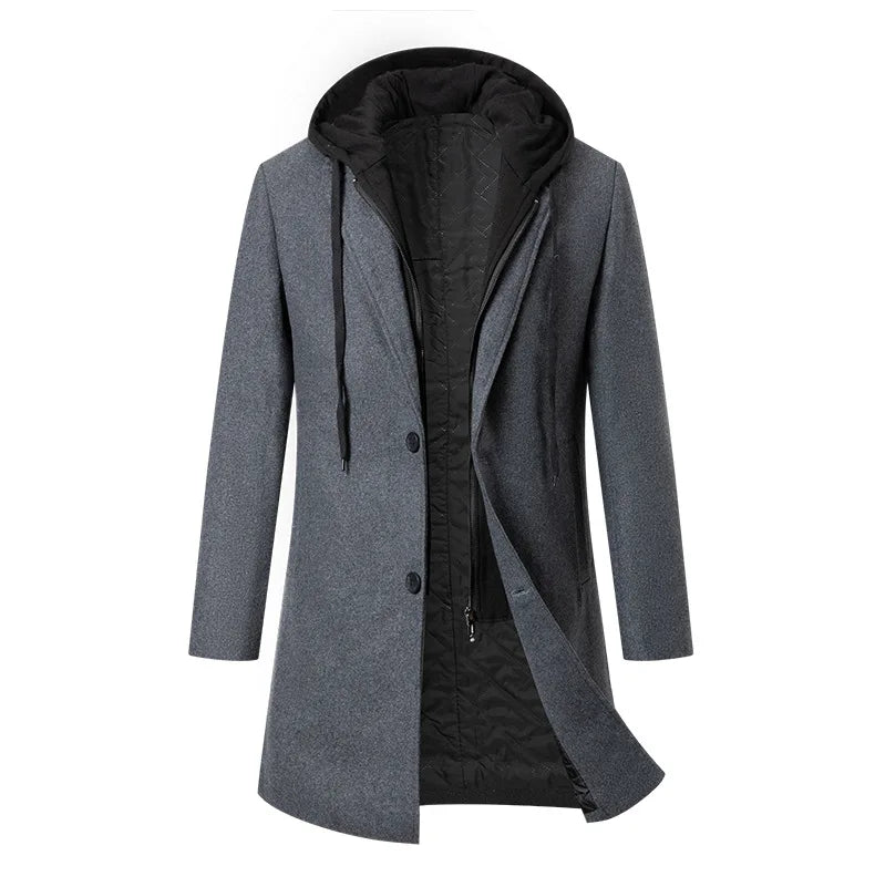 Autumn Winter Men's Wool Trench Coat Fashion Hooded Warm Long Woollen Coats Business Casual Turn Down Collar Woolen Blend Men