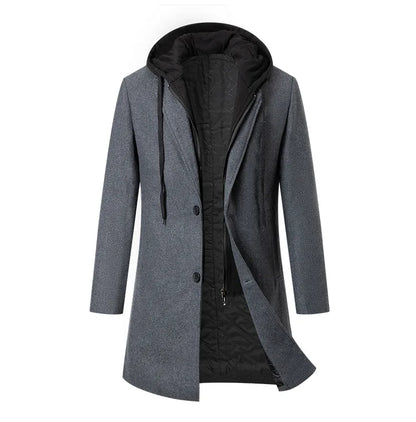 Autumn Winter Men's Wool Trench Coat Fashion Hooded Warm Long Woollen Coats Business Casual Turn Down Collar Woolen Blend Men