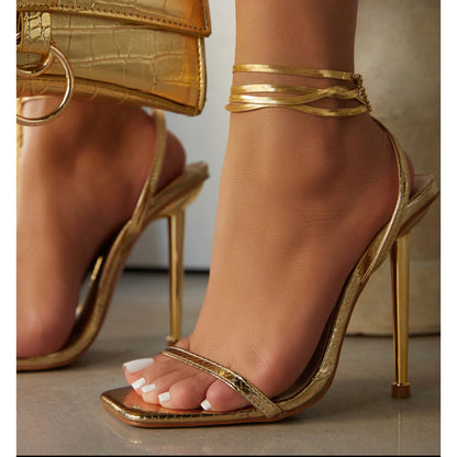 Sandalias de tacón alto para mujer, zapatos de verano 2023 con punta cuadrada y tiras cruzadas, para mujer, sexys, para fiesta, con tacón fino