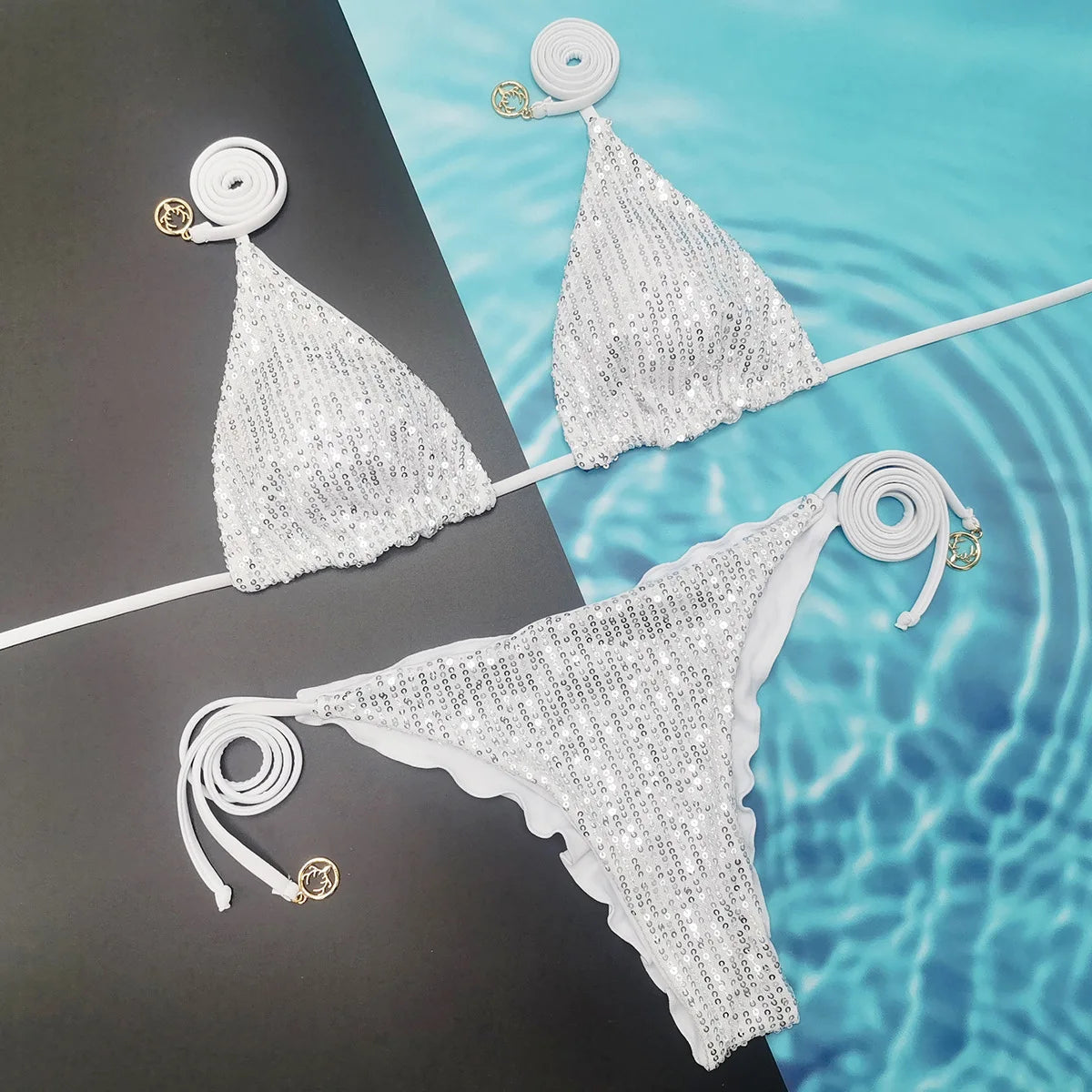 Bikini unicolor con purpurina, bañador sexy con cuello halter, traje de baño para mujer, conjunto de bikini con lentejuelas brillantes, ropa de playa, bikini brasileño