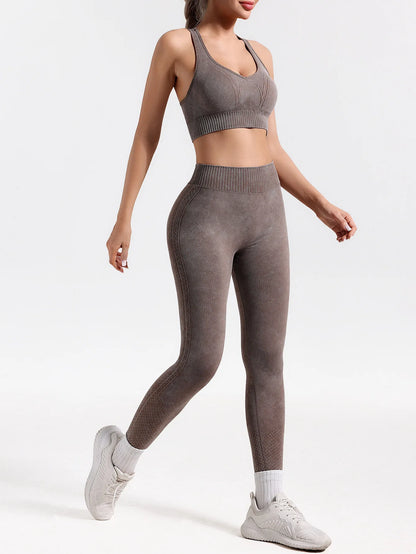 Conjunto de yoga sin costuras con lavado ácido de 2 piezas para mujer, ropa deportiva para gimnasio, leggings, conjunto deportivo para entrenamiento, espalda en V, traje de fitness Teveo para mujer
