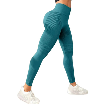 Pantalones de yoga de punto de cintura alta para mujer, pantalones largos de fitness, tejido integrado, banda elástica, pantalones deportivos, populares, efecto melocotón en los glúteos.