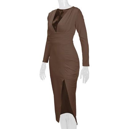 2025 Autumn Winter Female Fashion Slim Fit Long Sleeve V Neck Dress Women's Sexy Slit Knee Length Midi Dress Regular Shoulder