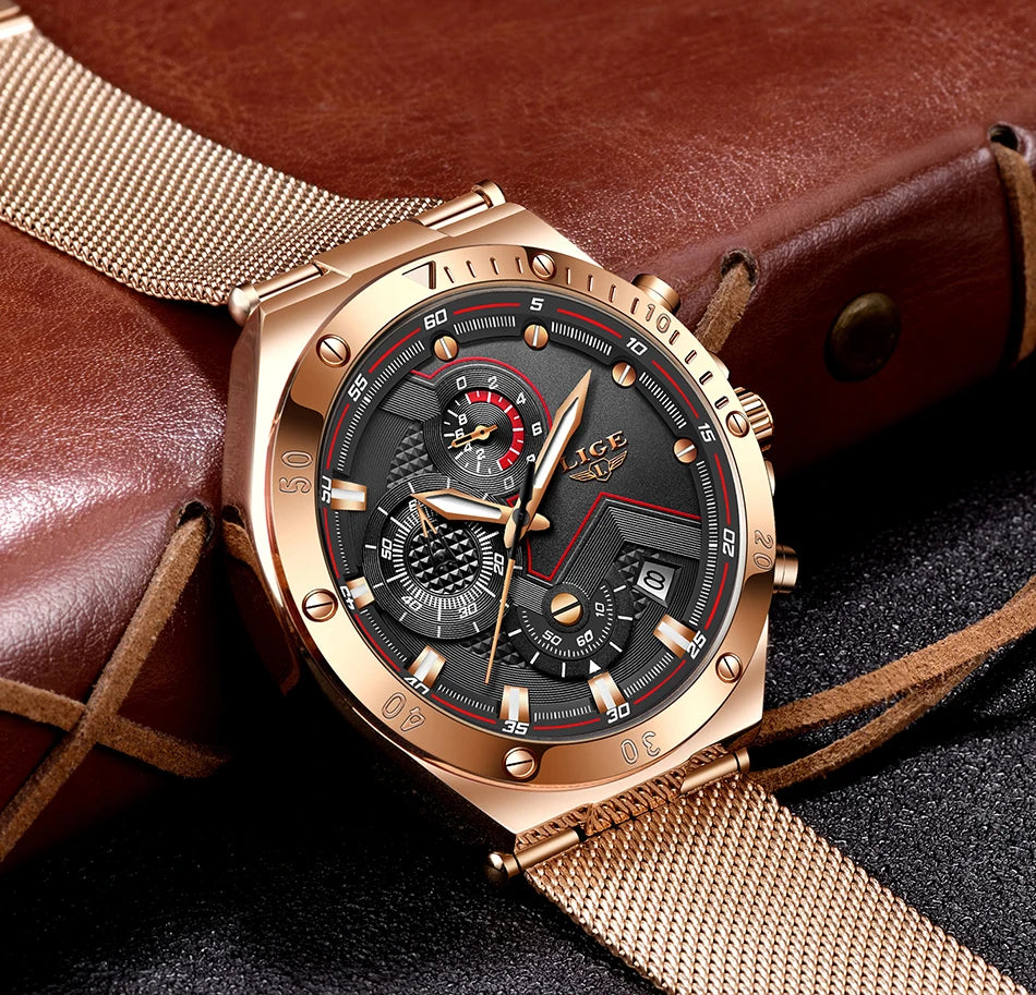 LIGE - Reloj de cuarzo de lujo para hombre, marca superior, moderno, de negocios, con correa de malla, resistente al agua, luminoso, cronógrafo