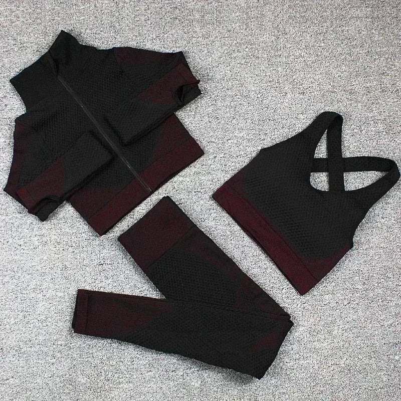 Conjunto de 3 piezas de yoga sin costuras, chaleco deportivo de fitness, pantalones de cintura alta que levantan la cadera, ropa de entrenamiento, conjunto de leggings de gimnasio para mujer