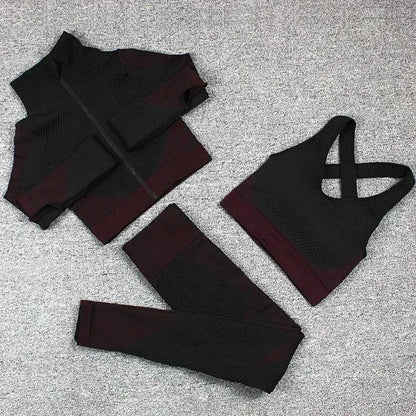 Conjunto de 3 piezas de yoga sin costuras, chaleco deportivo de fitness, pantalones de cintura alta que levantan la cadera, ropa de entrenamiento, conjunto de leggings de gimnasio para mujer