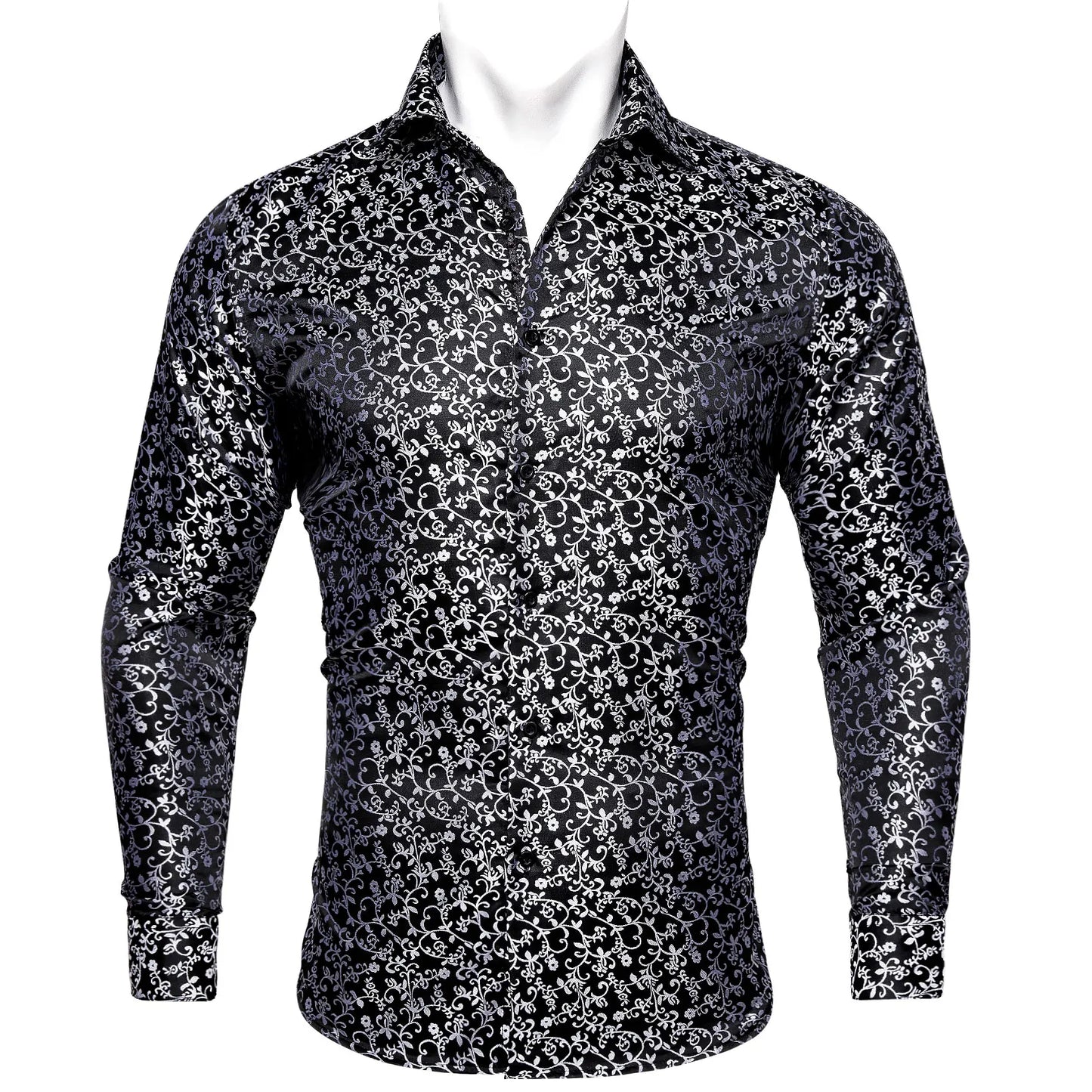 Camisas clásicas negras estampadas y bordadas para hombre, solapa de seda, manga larga, corte formal exquisito, ideales para eventos de negocios y fiestas. Barry.Wang CY-0407