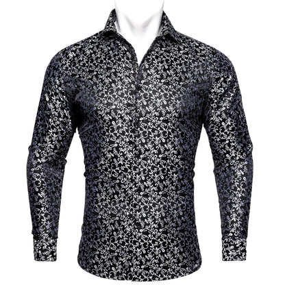 Camisas clásicas negras estampadas y bordadas para hombre, solapa de seda, manga larga, corte formal exquisito, ideales para eventos de negocios y fiestas. Barry.Wang CY-0407