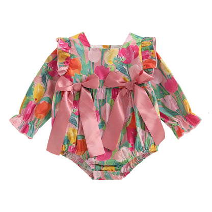 Ropa de bebé para niñas, primavera y otoño, mono con estampado floral y volantes de manga larga, ropa dulce para recién nacidos.