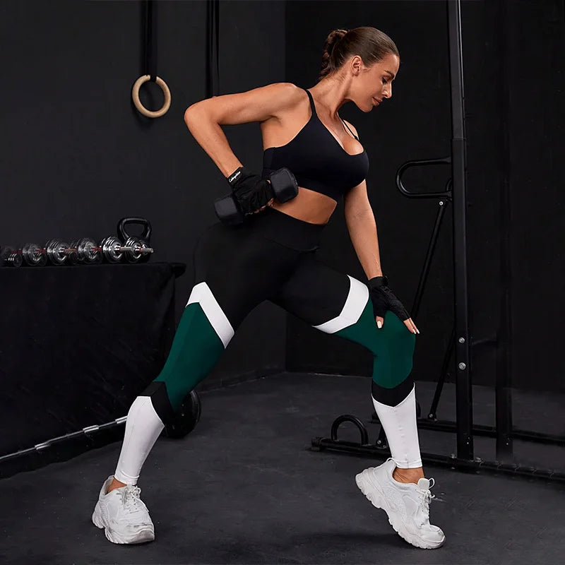 Leggings de yoga de cintura alta con bloques de color para mujer, leggings de entrenamiento con control de abdomen para mujer