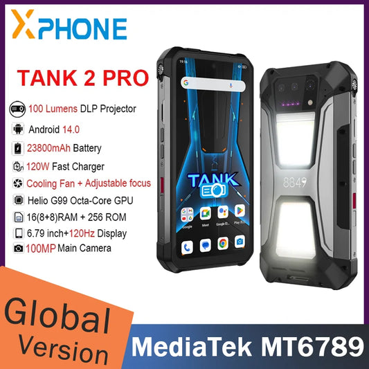 Unihertz 8849 Tank 2 Pro Teléfono resistente con 12 GB de RAM + 256 GB de almacenamiento, proyector con visión nocturna, pantalla FHD de 6,79", Android 14, cámara de 100 MP, batería de 23800 mAh y conectividad 4G.