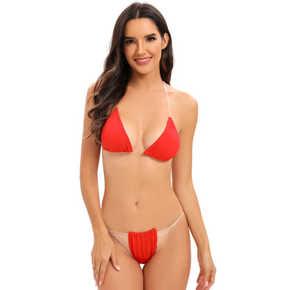 Traje de baño para mujer, bikini sexy transparente con tirantes triangulares, tanga de dos piezas, color sólido, ropa de playa, traje de baño para spa