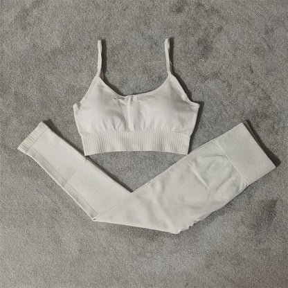 Conjunto de yoga fitness sin costuras para mujer, ropa deportiva de cintura alta, leggings, pantalones cortos de dos piezas, ropa de gimnasio para mujer
