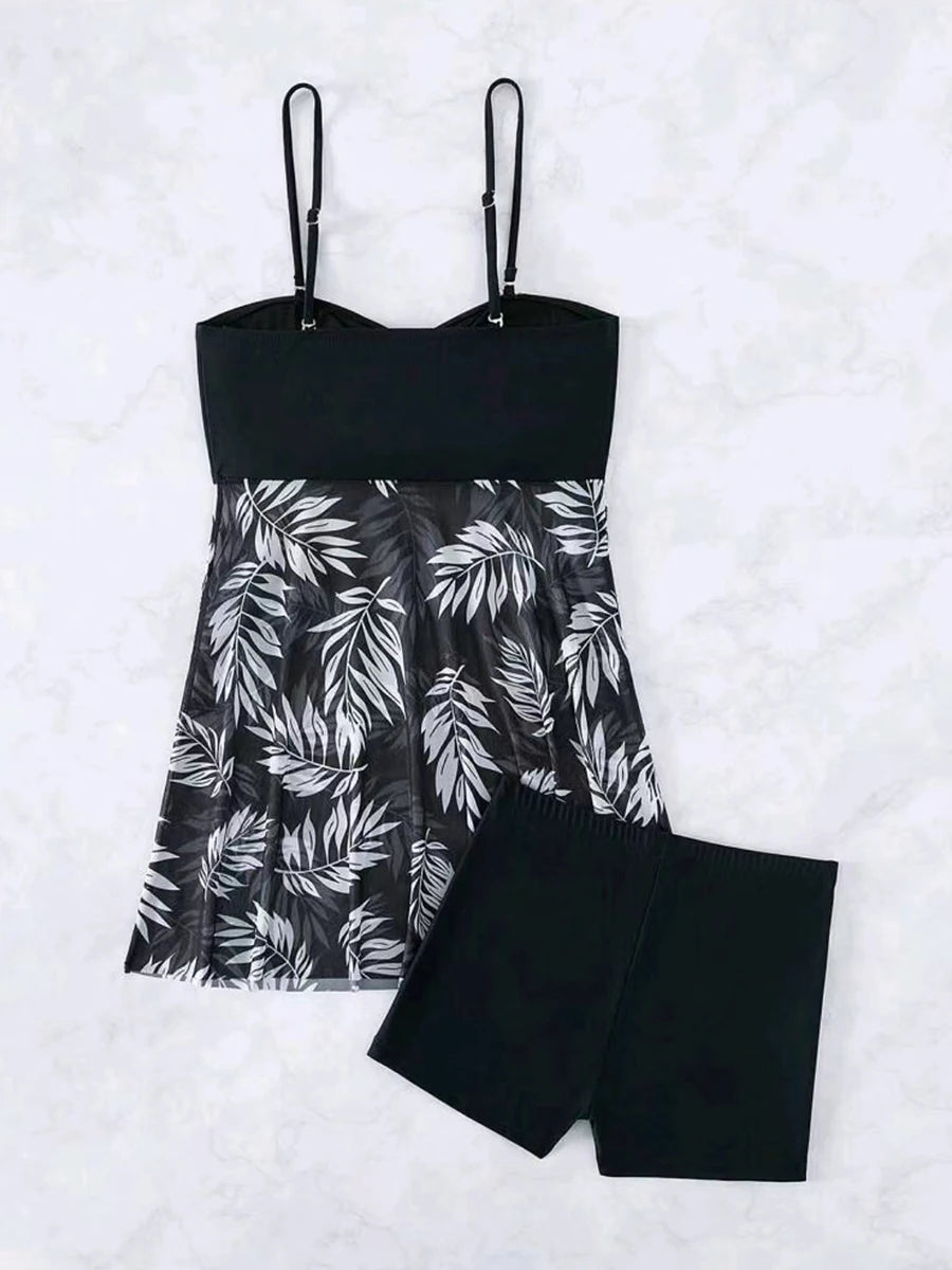 2025 Vestido corto tankini con pantalones cortos traje de baño para mujer traje de baño femenino acolchado estampado traje de baño natación ropa de playa verano