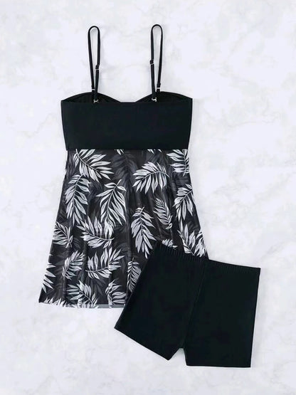 2025 Vestido corto tankini con pantalones cortos traje de baño para mujer traje de baño femenino acolchado estampado traje de baño natación ropa de playa verano